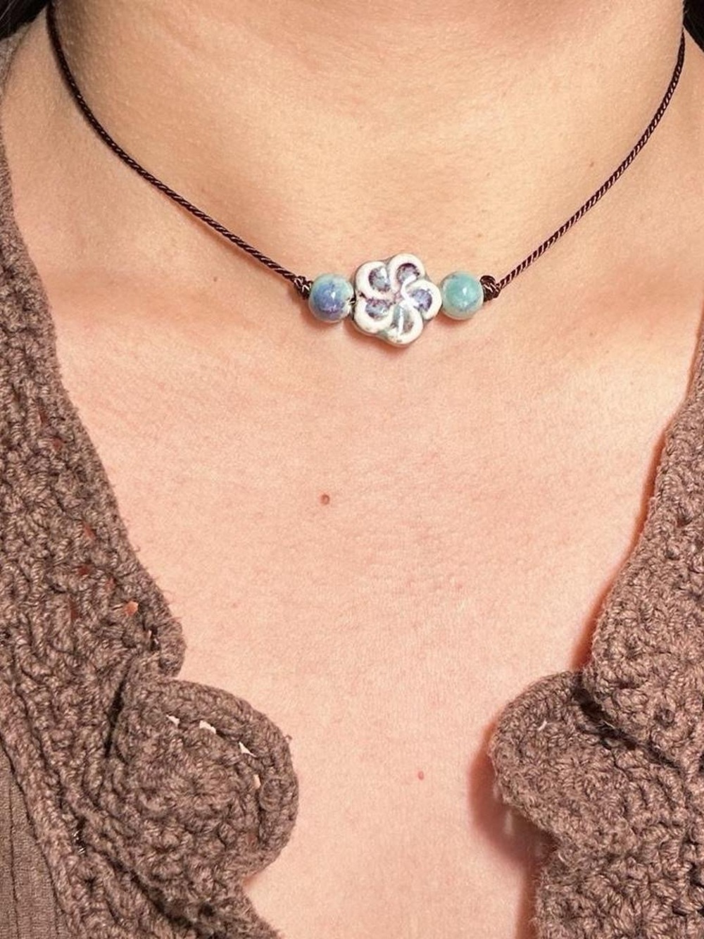 Hand Crafted Blue and White Ceramic Flower Choker Necklace vacation beach